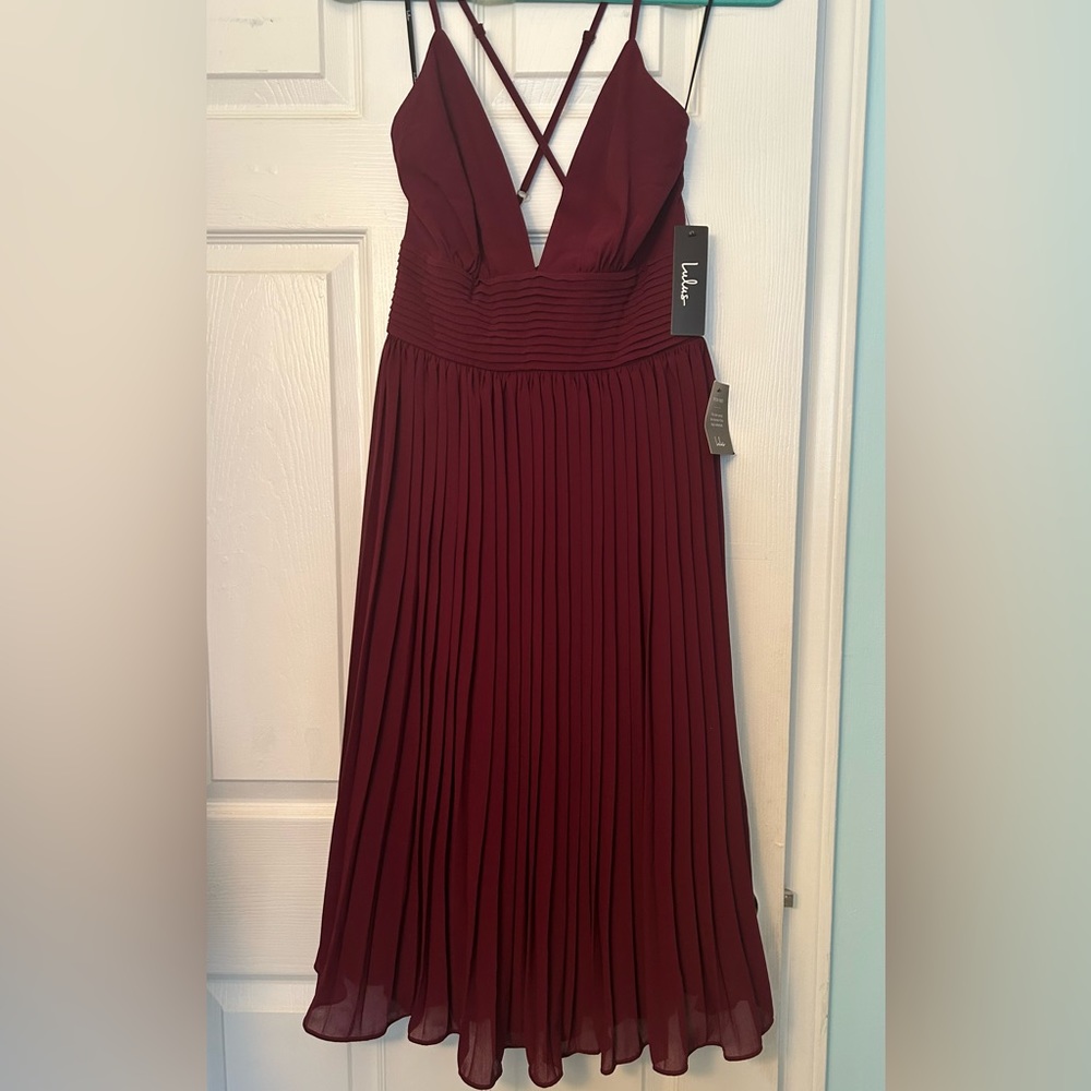 Lulus Burgundy Pleated Midi Dress - Picture 4 of 8